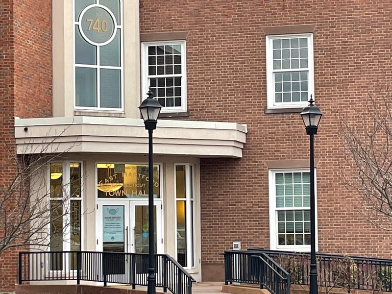 East Hartford Town Hall. The town is not holding a general public distribution of COVID home test kits, instead reserving the limited supply for schools and other potential high-transmission sites.
