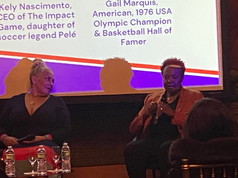 Kely Nascimento and US Olympic champion Gail Marquis at the French consulate in NYC on Feb. 29, 2024.