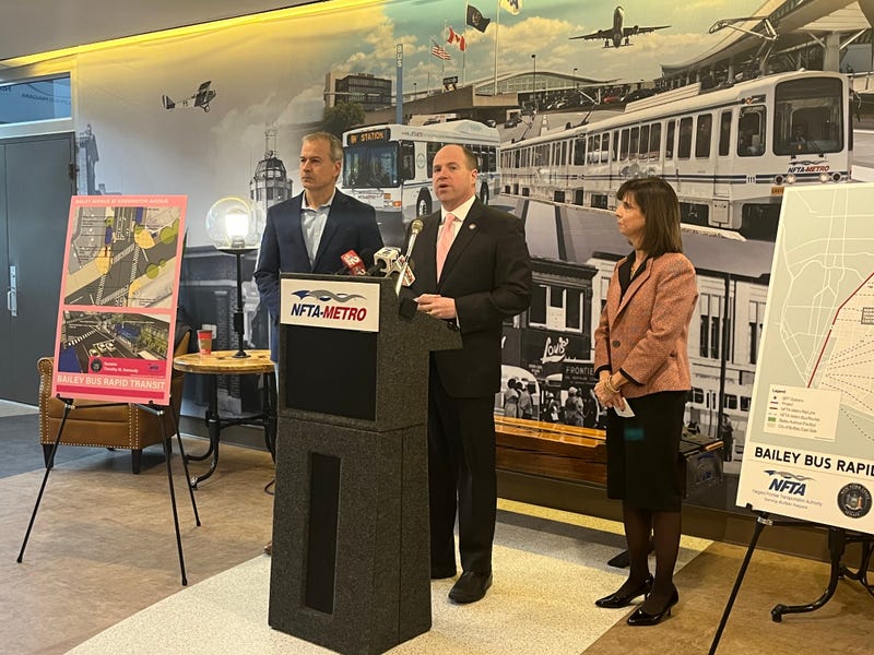 Senator Tim Kennedy alongside Buffalo DPW Commissioner Nate Marton and NFTA Executive Director Kim Minkel announcing the Bus Rapid Transit project at NFTA HQ.