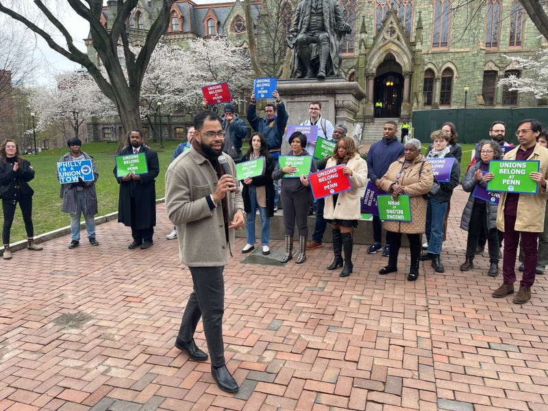The Coalition of Workers at Penn rallied with elected officials on Penn’s campus on March 28, 2024, ahead of the graduate student worker union vote. State Rep. Rick Krajewski addressed the crowd.