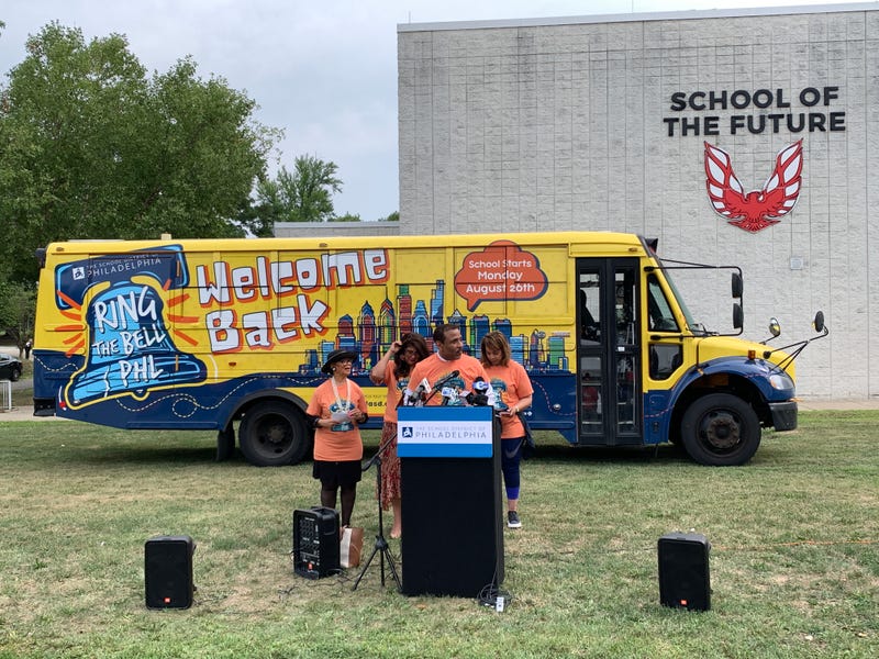 Superintendent Tony Watlington speaks Monday after the school district launched its annual back-to-school bus tour.