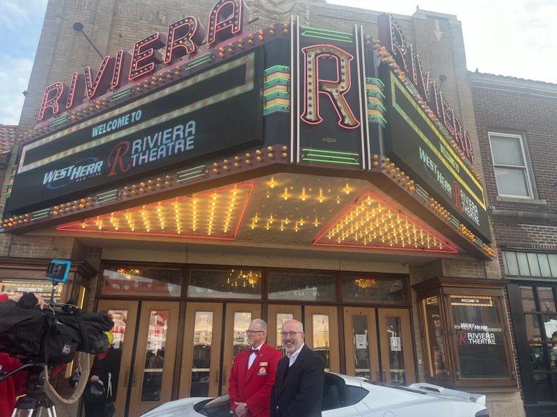 West Herr President and CEO Scott Beiler stands outside Riviera Theatre with Theatre chair Larry Denef to announce partnership. (03/14/2024)
