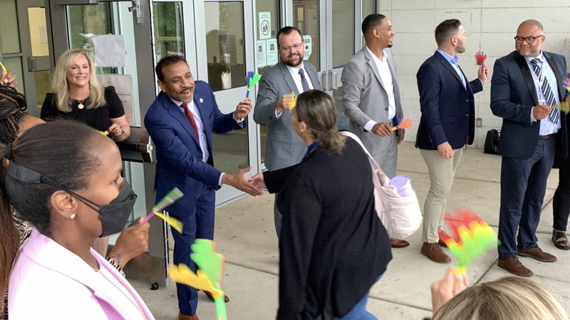 Superintendent Tony Watlington greets new teachers reporting for orientation at West Philly's School of the Future on Wednesday, Aug. 7, 2024.