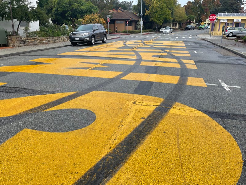 Santa Cruz's Black Lives Matter mural, shown on Friday with tire marks across the lettering.