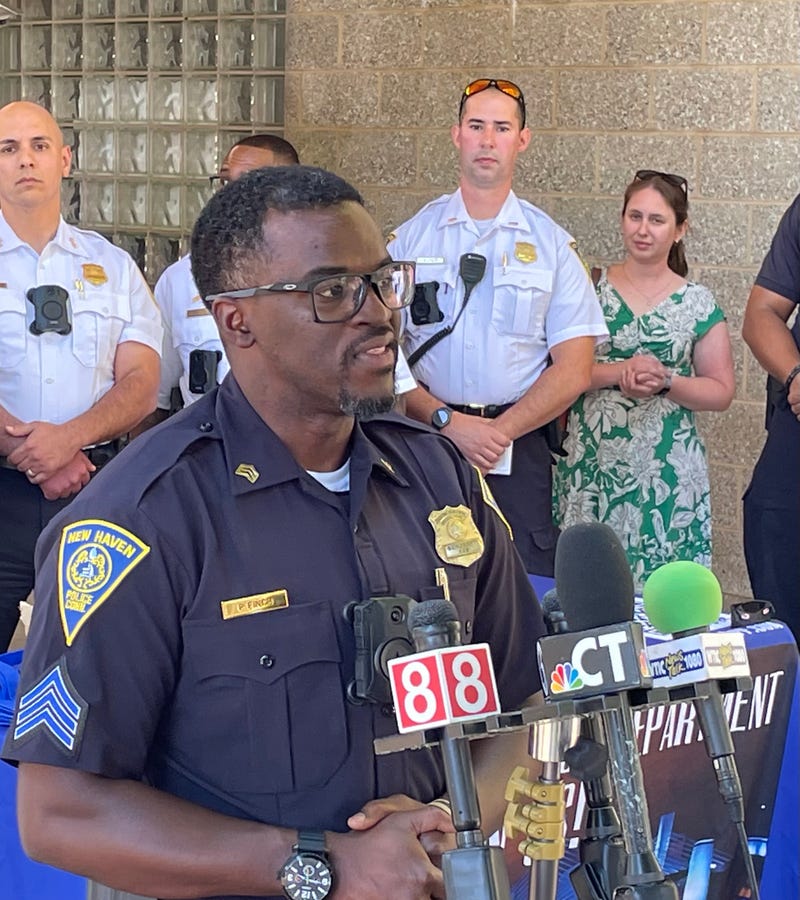Sgt. Paul Fitch, recruiting coordinator for the New Haven Police Dept., speaks to reporters before canvassing the Dixwell and Newhallville neighborhoods, recruiting residents to apply for positions as police officers.