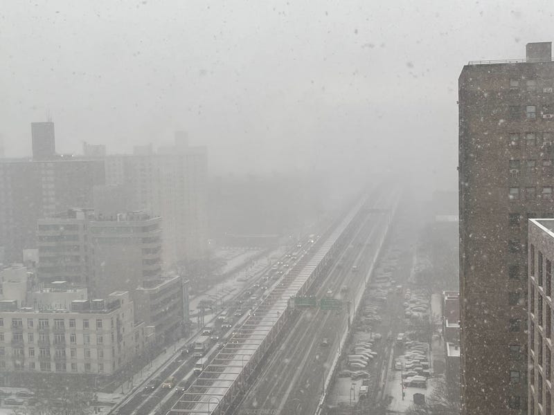 Snow was heavy enough Tuesday morning that the Williamsburg Bridge wasn't visible