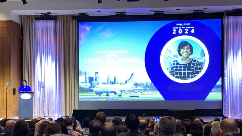 Mayor Cherelle Parker addresses officials at the "State of the Airport" event at the Pennsylvania Convention Center.