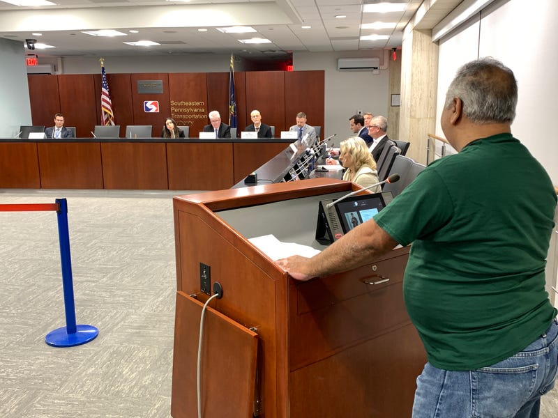 A man testifies during a SEPTA public hearing about its proposed fare hike, Oct. 16, 2024.