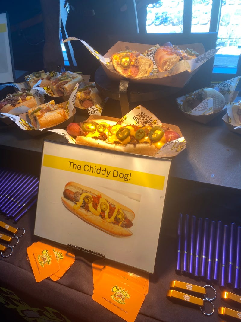 Chiddy's Cheesesteaks' classic Chiddy Dog: A Nathan's foot long hot dog, topped with steak, red onions, jalapenos, and melted cheese whiz on a hoagie roll.