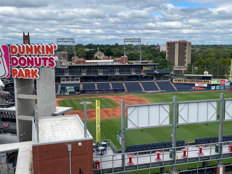 A scenic view of Hartford's Dunkin' Donuts Park, from the rooftop deck of The Pennant, a new apartment building.