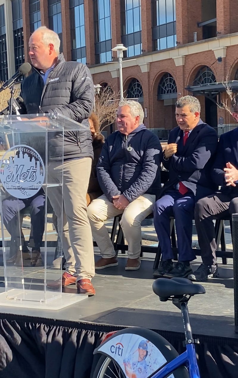The Mets' president of business operations, M. Scott Havens, speaks at the ribbon-cutting for the installation of Citi Bike at Citi Field on March 21, 2024.