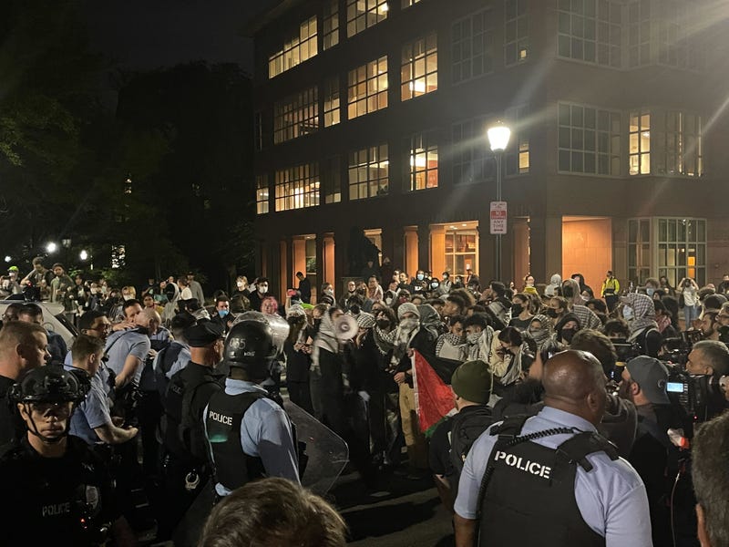 Pro-Palestinian protestors chanting on 34th Street on Friday, May 17, 2024.