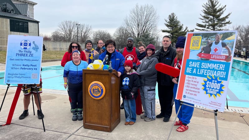 Philly Parks and Recreation Commissioner Kathryn Ott Lovell (center) and Deputy Commissioner Bill Salvatore (second from right) welcomed swimmers to the Philly Phreeze Pool Plunge.