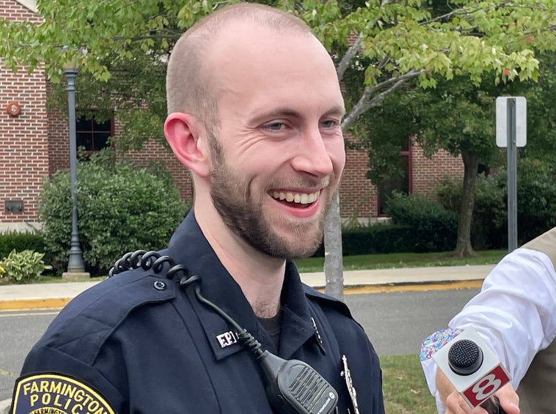Farmington Police Officer James O'Donnell, who returned to patrol on Monday, one year after suffering serious injuries when a suspect slammed his car into him