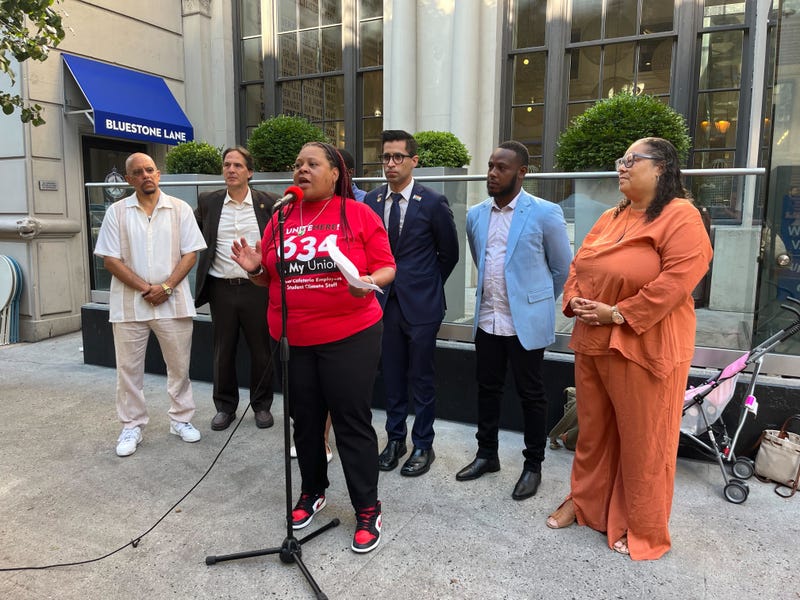 Unite Here Local 634 President Nicole Hunt (center) addresses negotiations with the School District of Philadelphia.