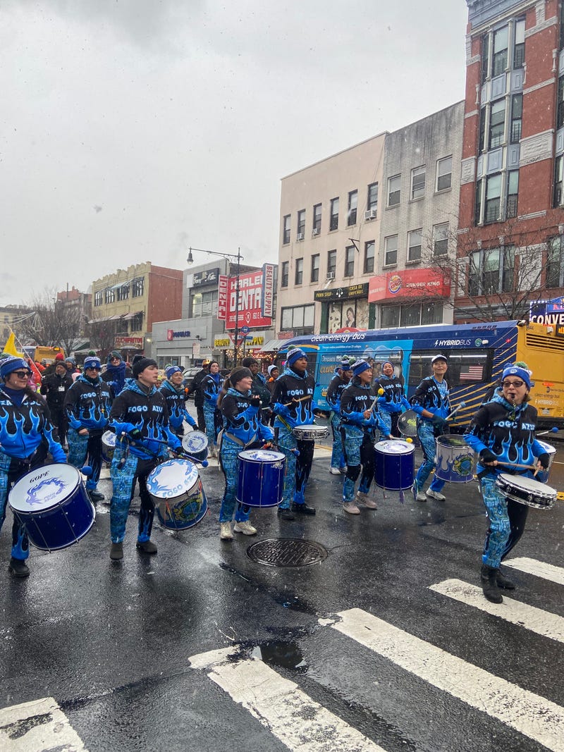 A marching band walks in the Three Kings Day Celebration parade put on by El Museo del Barrio in East Harlem on Jan. 6, 2025.