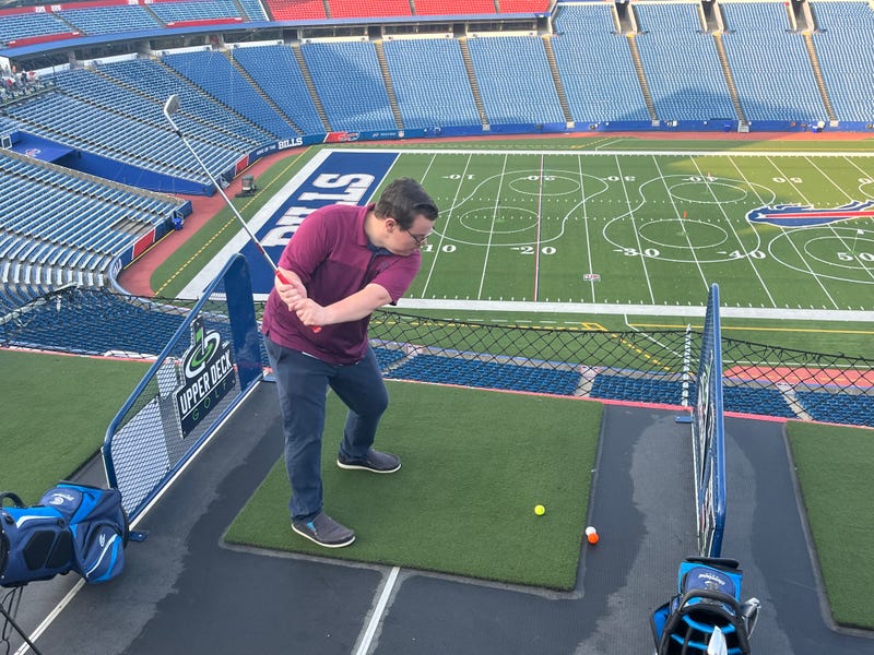 WBEN's Max Faery had a chance to practice his golf swing at Highmark Stadium this Friday morning during the Upper Deck Golf experience.
