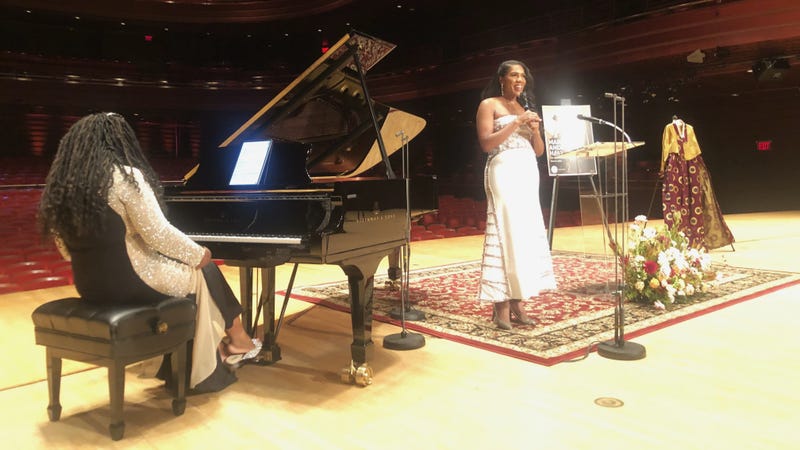 Singer J'Nae Bridges (right) performs at the Kimmel Center, at a ceremony to announce the renaming of Verizon Hall to Marian Anderson Hall, with Michelle Cann providing accompaniment. 