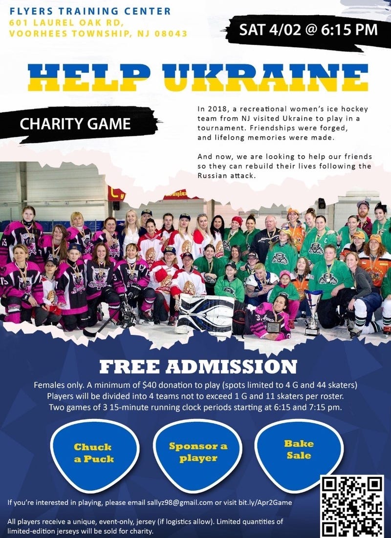Information about the April 2 fundraising games at the Flyers Training Center for the Kharkiv Panthers hockey team in Ukraine.