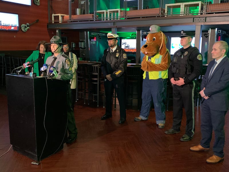 Pennsylvania State Police Cpl. Kelly MacIntyre speaks at Chickie’s and Pete’s on Packer Avenue.
