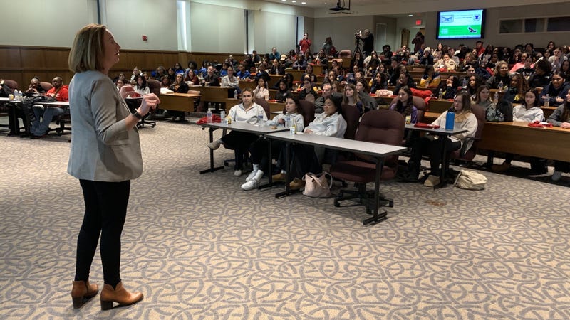 St. Joseph’s University athletic director Jill Bodensteiner speaks to Philadelphia high school female student athletes at a National Girls and Women in Sports Day event.