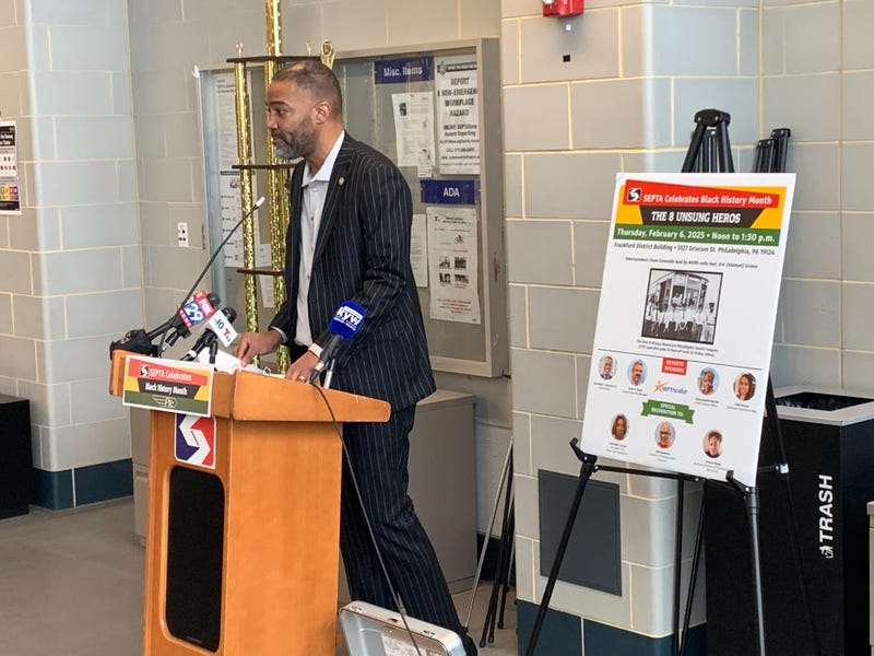  Ken Lawrence stands at the SEPTA podium during a Black History Month ceremony at SEPTA's Frankford District headquarters on Thursday, Feb. 6, 2025.