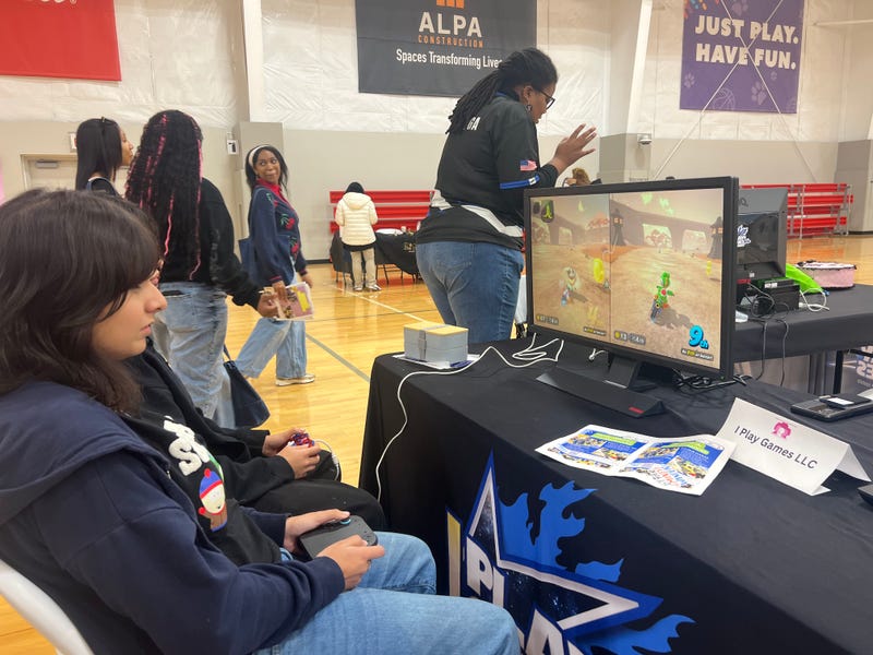 CPS high school students take part in a female gaming station at the second annual Women in STEM Career Fair. 
