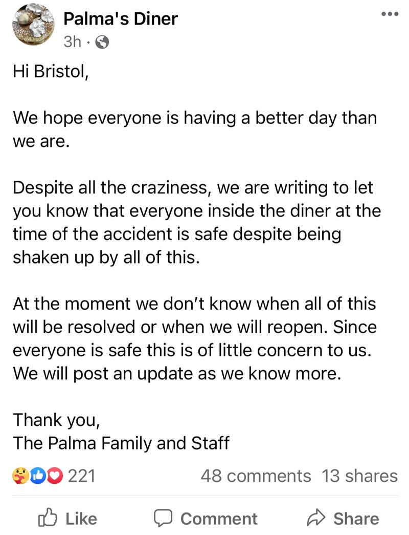 A Facebook post from the owners of Palma's Diner, 1/12/23