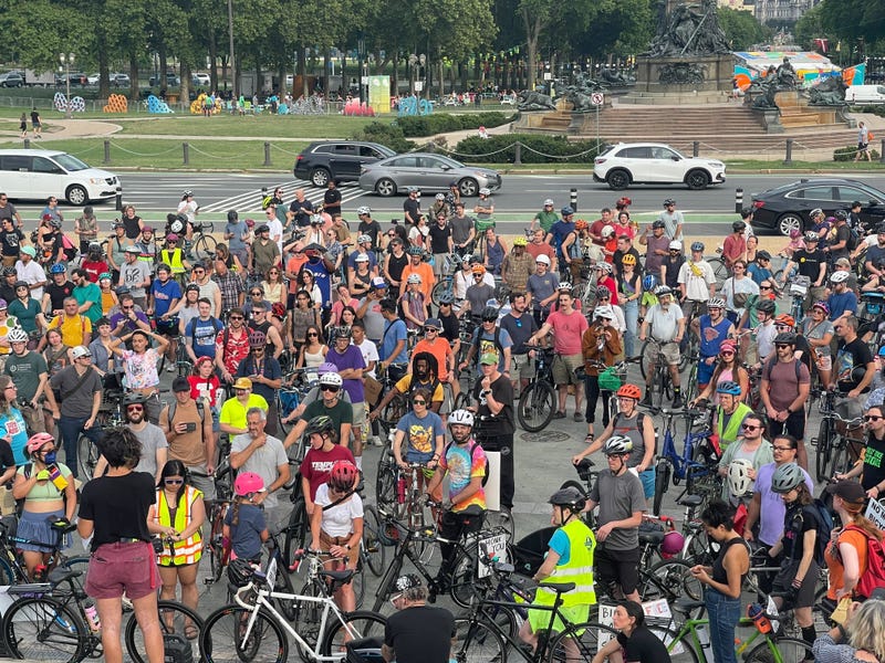 Bicyclists at a protest ride through Center City on Friday, July 26, 2024.