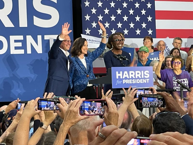 Gov. Josh Shapiro with Gov. Gretchen Whitmer stumping for Kamala Harris in Montgomery County on Monday, July 29, 2024.