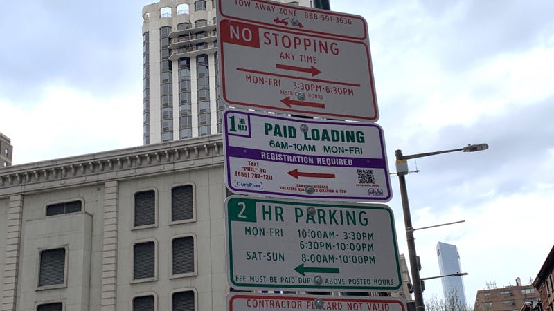 Street signs including a sign for the new smart loading zones