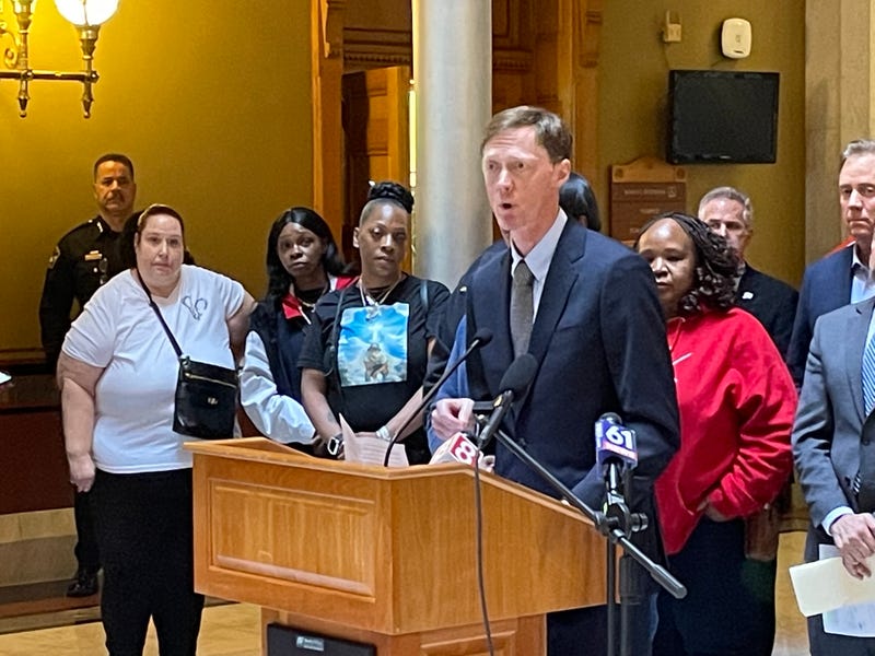 New Haven Mayor Justin Elicker with mothers who've had children killed by gun violence, at the Connecticut Capitol, 2/14/23
