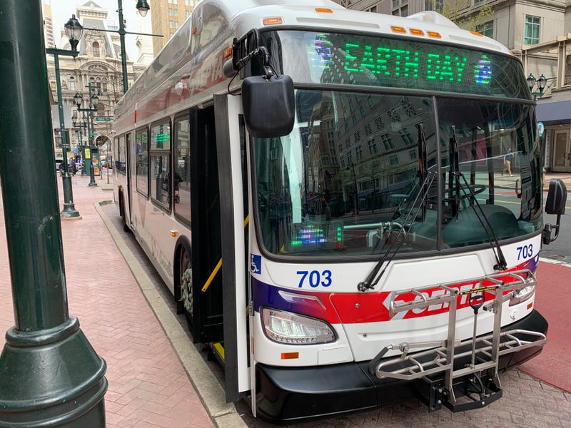 SEPTA bus with Earth Day sign on Monday, April 21, 2025.