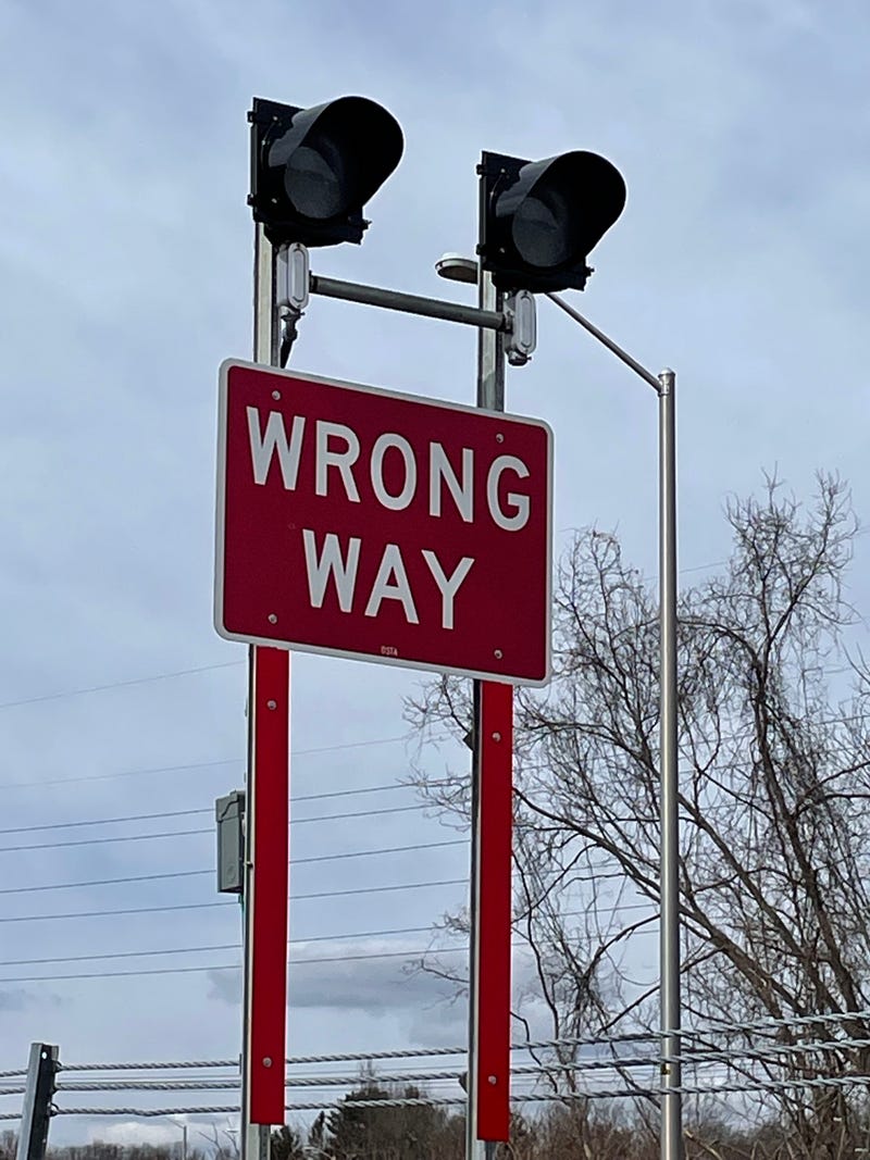 A sign with motion-activated warning lights, part of Connecticut's program targeting wrong-way driving.