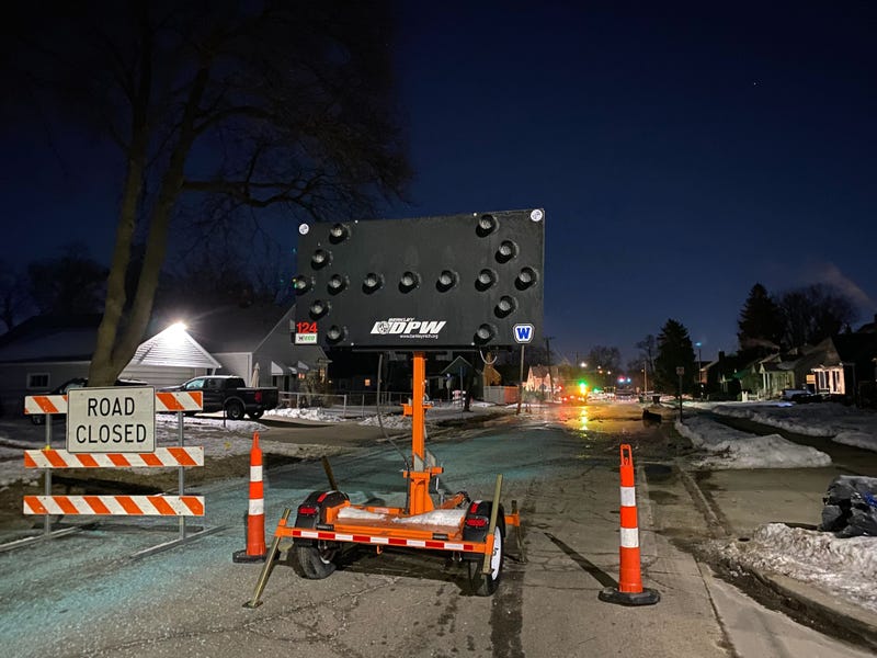 A picture of road closure equipment due to a water main break in Berkley