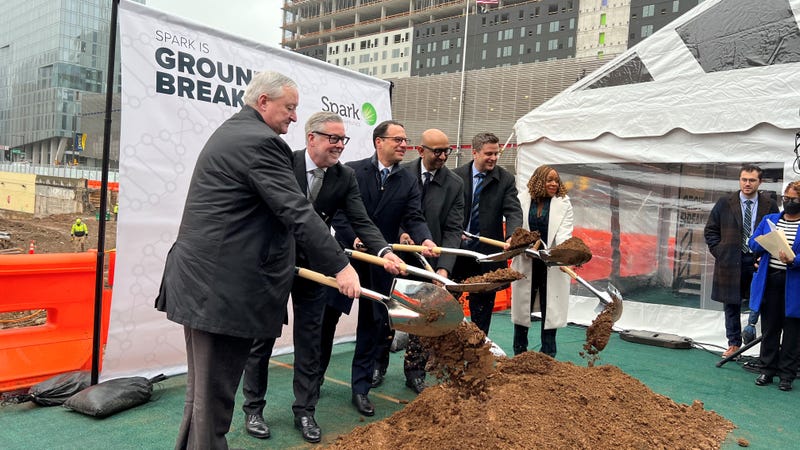 Philadelphia Mayor Jim Kenney (left) and Pennsylvania Gov. Josh Shapiro (center) were among those who broke ground Tuesday on Spark Therapeutics' new Gene Therapy Innovation Center in University City.