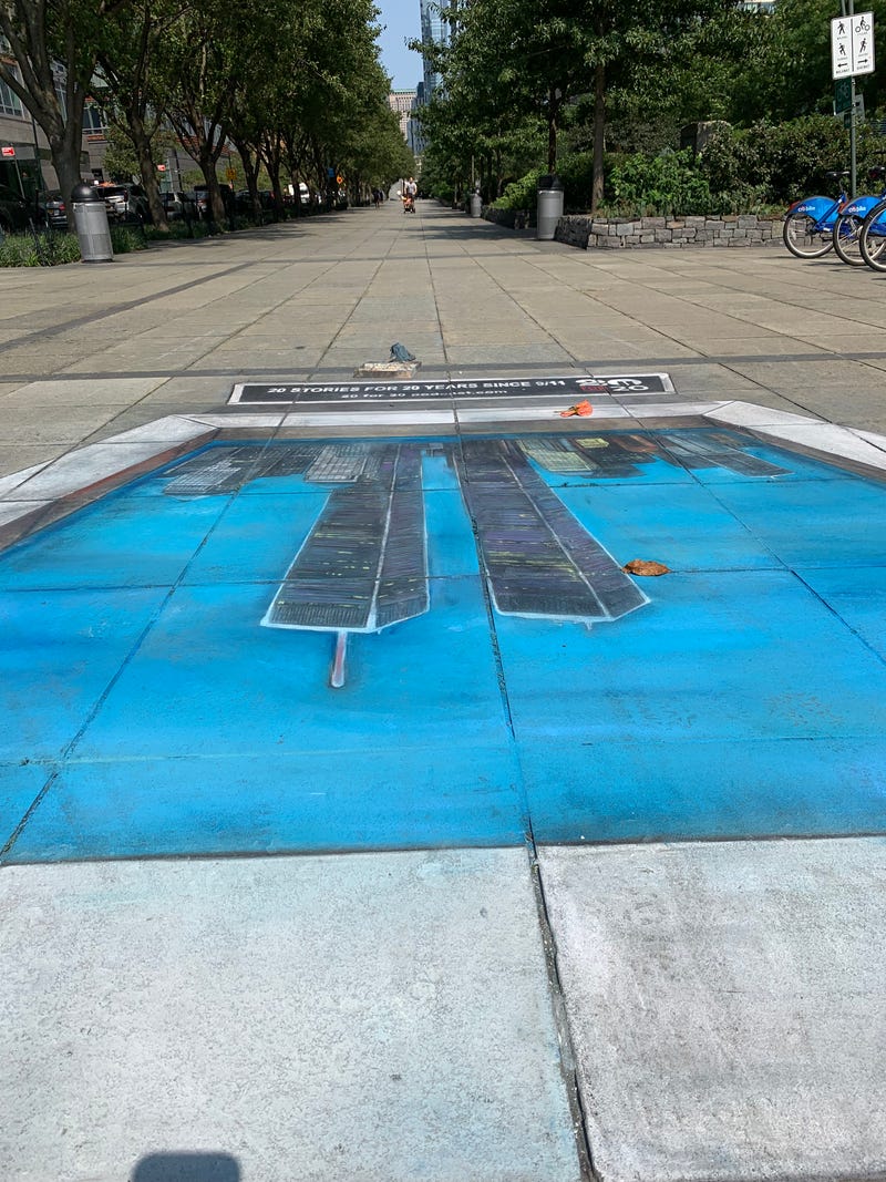The new chalk art at the southern foot of the Hudson River Greenway in Battery Park City.