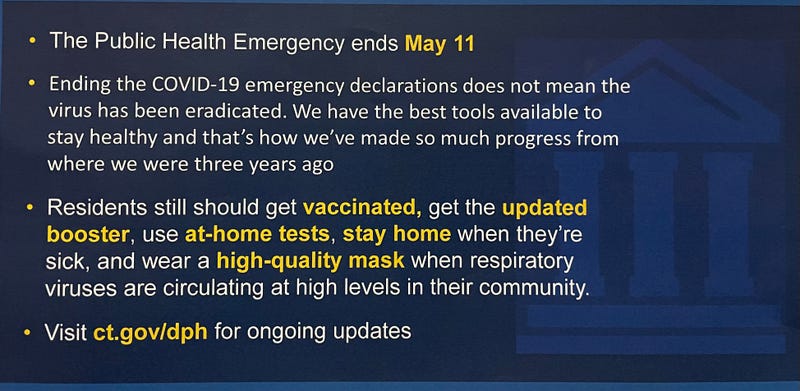 An infographic presented by the CT Dept. of Public Health labeled "Next Steps Towards the New Normal," presented at a news conference, 5/10/23
