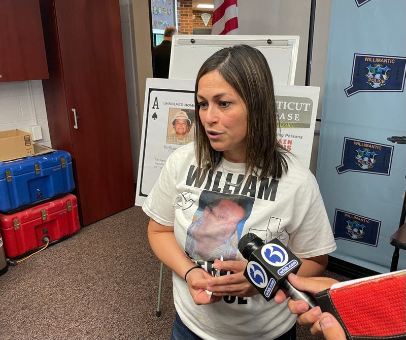 Melissa Alvarado Lee, niece of Willimantic homicide victim William Alvarado, speaking at a news conference where state officials announced a reward in the case, 6/14/23
