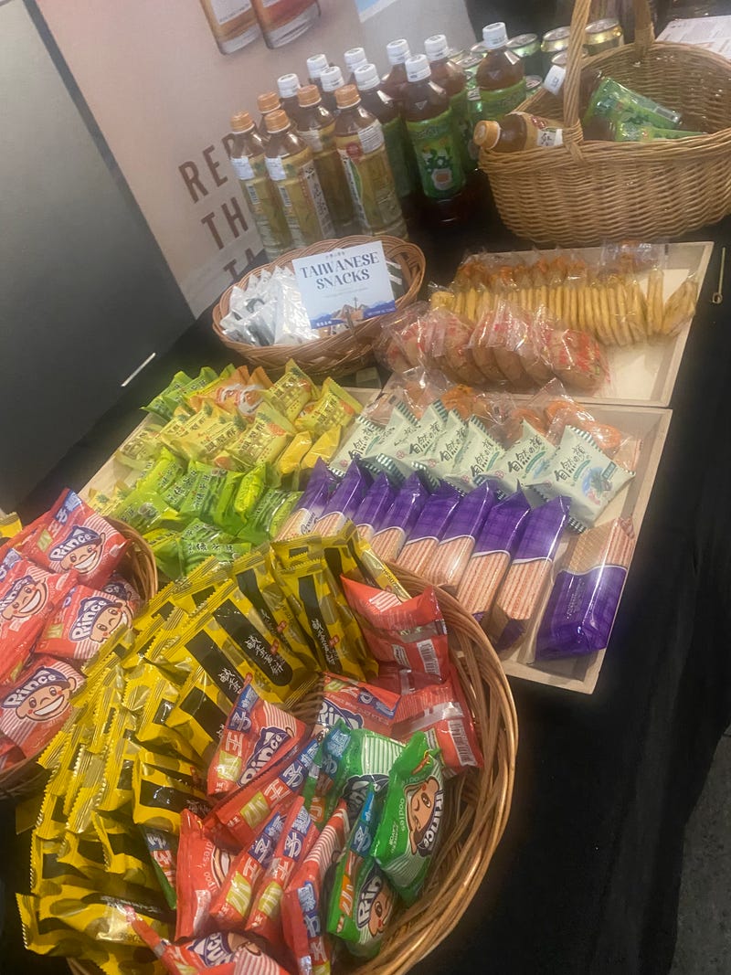 Tables of Taiwanese snacks and drinks at "Tunes from the Islands: An AAPI Celebration Event" at the Taipei Economic and Cultural Office in New York on April 30, 2024.