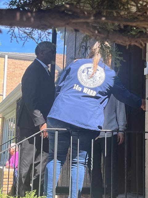Chicago mayor Brandon Johnson and Southwest side alderwoman Jeylu Gutierrez visit homeowners in Archer Heights.