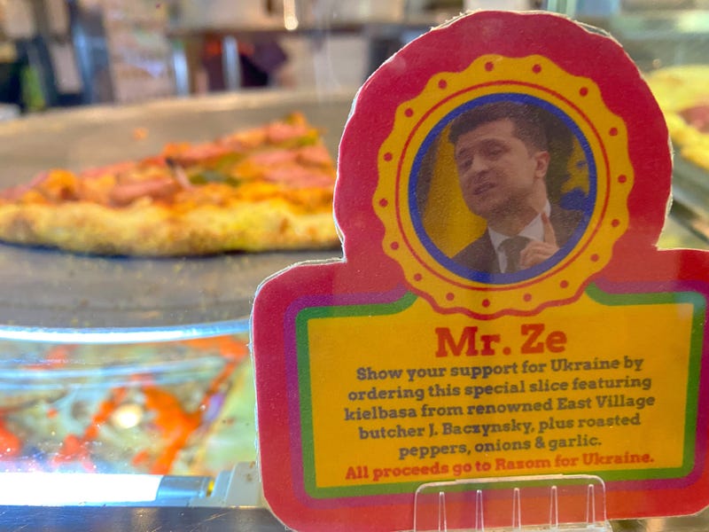 A lone slice of the in-demand pizza "Mr. Ze," at Two Boots in the East Village. It is named after Ukrainian president Volodymyr Zelenskyy, and features kielbasa from a local Ukrainian butcher.