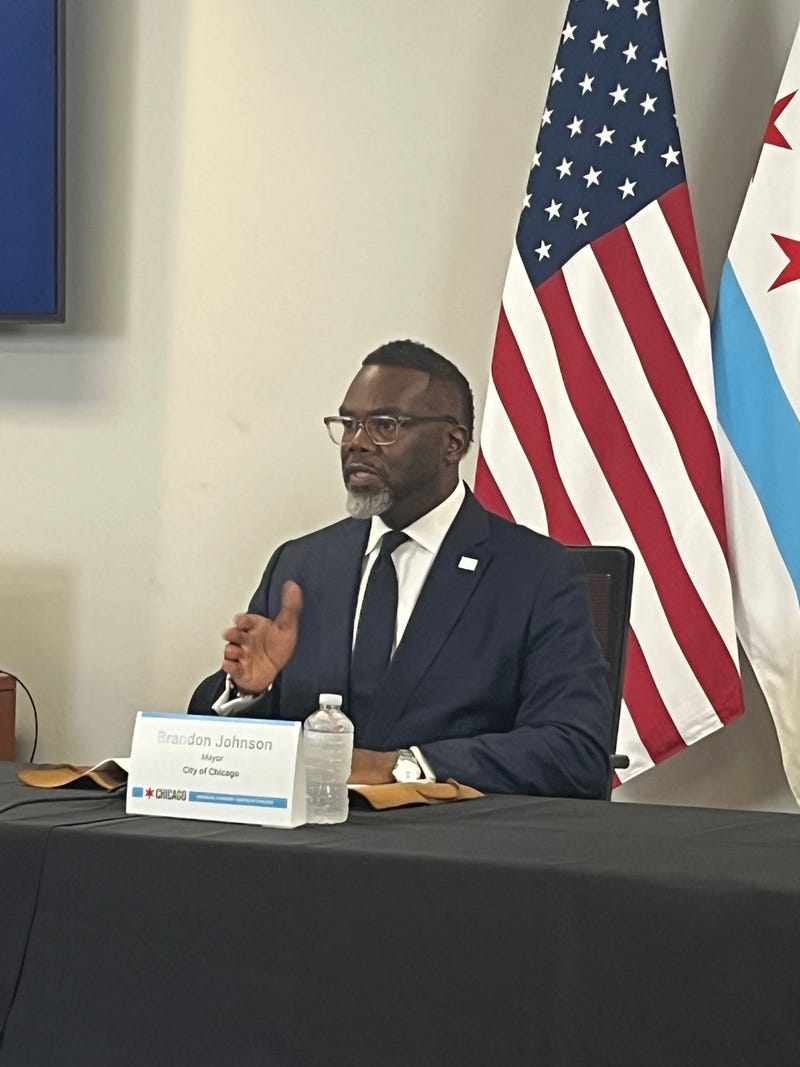 Chicago mayor Brandon Johnson makes a point during a news conference, September 16, 2025.