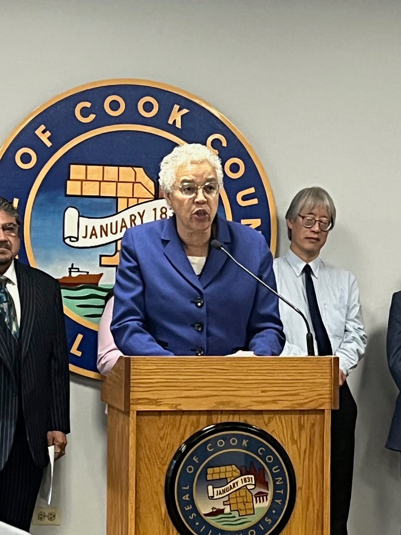 Cook County board President Toni Preckwinkle speaks at the County Building, September 17, 2025.