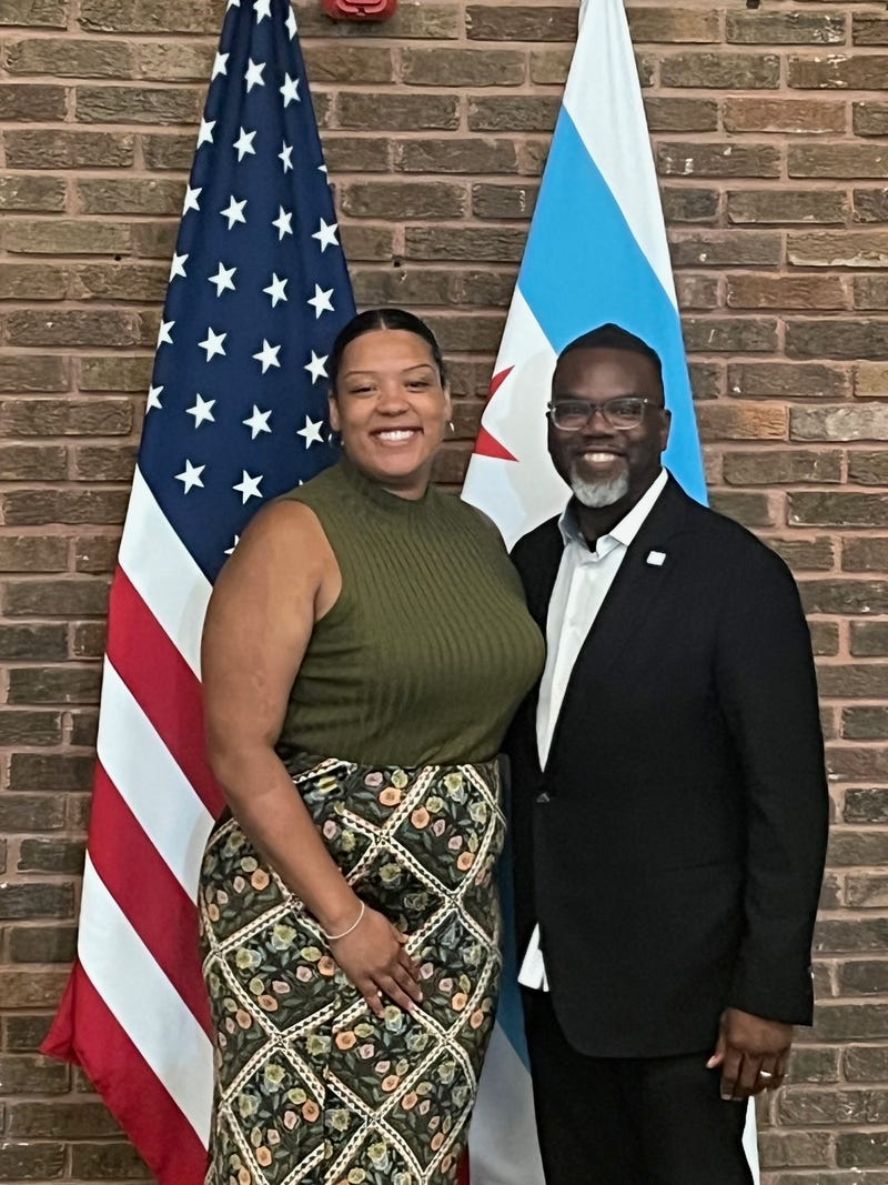 Chicago Ald. Angela Clay (46th Ward) and Mayor Johnson pose after a tour of Uptown, September 17, 2025.