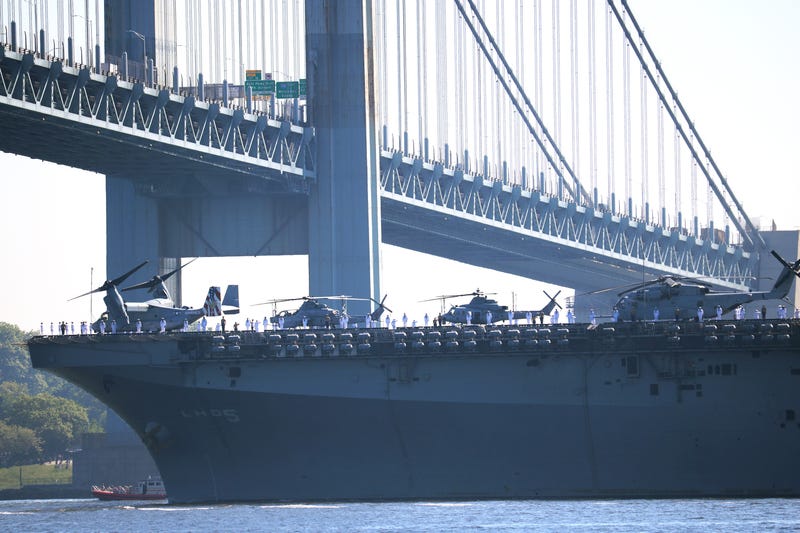 During Fleet Week, the ships travel past the Statue of Liberty and Battery Park in lower Manhattan before ending just below the George Washington Bridge.