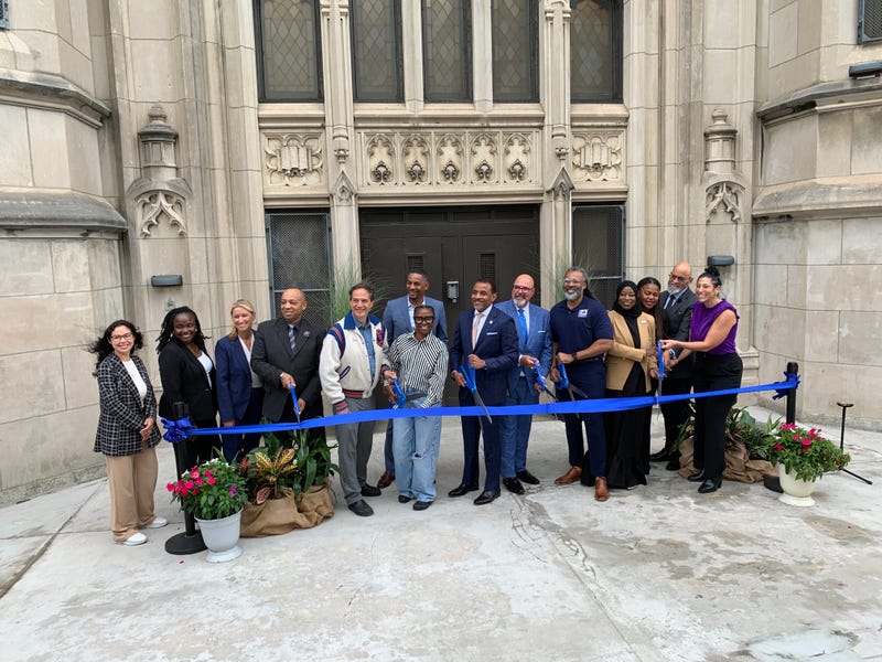 Philly district officials cut ribbon outside Frankford High School