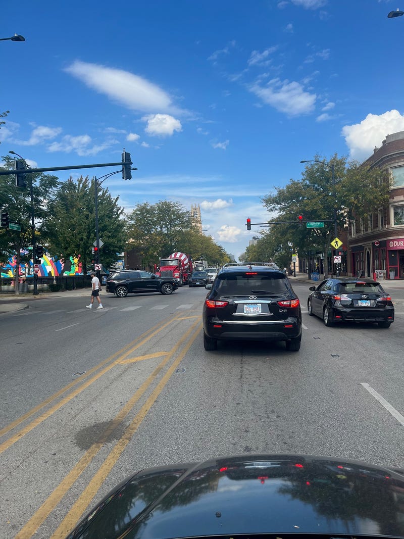 Traffic waits on Broadway at Balmoral.