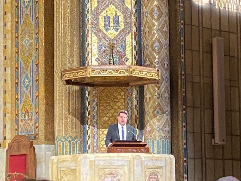 Israeli Consul General in New York Ofir Akunis speaks at the Annual Gathering of Remembrance at Temple Emanu-El on May 5, 2024.