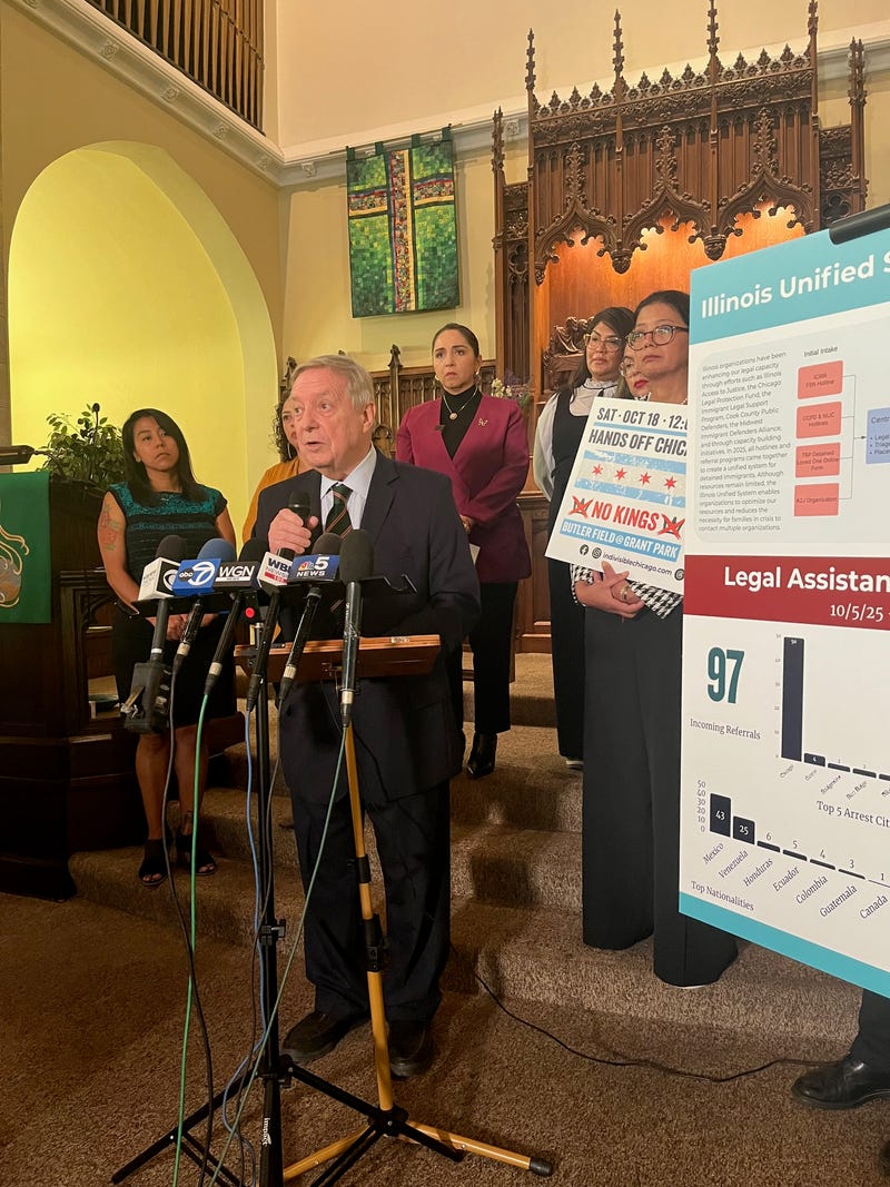 U.S. Senator Dick Durbin (D-Illinois) talks to reporters during an appearance at Christ Lutheran Church in Chicago's Albany Park neighborhood on Friday.